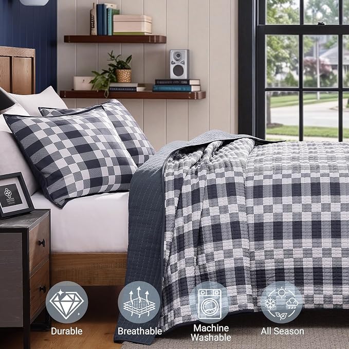 King Quilt-Lightweight Bedspread Plaid Quilt King Size Quilt Bedding Set | Navy Reversible Neutral Coverlet with 2 Shams for All Seasons, Suitable for Bed, Couch, 3 Pieces, 106"x94"