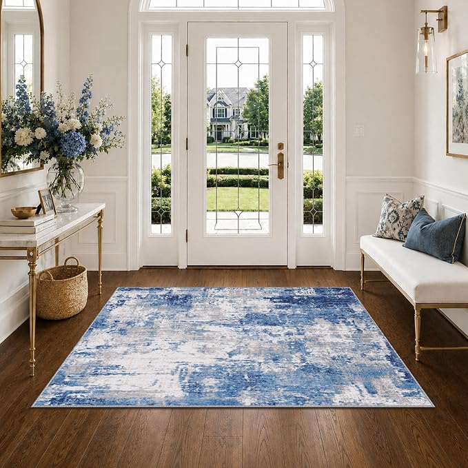 RELEANY Washable 4'x6' Abstract Area Rug for Living Room Blue Gray | Carpet for Bedroom, Kitchen, Office, Hallway and Entryway, Printed Pattern, Non‑Slip, Soft, Stain‑Resistant, Easy to Clean