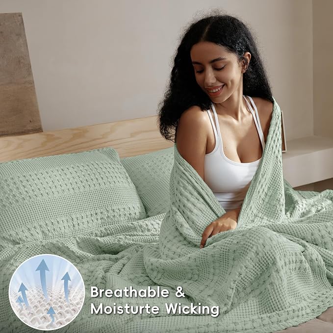 PHF Lightweight 100% Cotton Waffle Blanket for Bed, King, Mint Green | Pre-Washed Soft Cotton Comfort, Breathable Layering Warmth for Fall & Winter, Bed, Sofa, Couch, Home Decor & Gifts