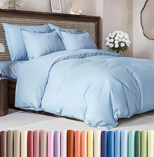 Duvet Cover Queen Size - Soft 3 Piece with Zipper Closure - Sky Blue | Extra Soft, Breathable, Queen Duvet Cover 90" x 90" with 2 Pillow Shams, Zipper Closures & Ties, Women, Men, Kids & Teens