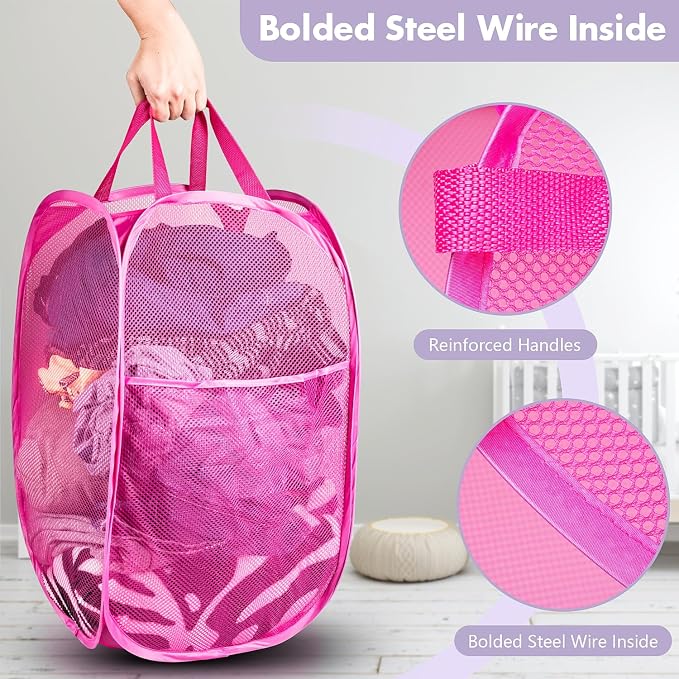2 Pack Pop Up Laundry Hampers, 70 L Collapsible Foldable Mesh Basket, Pink | Reinforced handles, breathable fabric, foldable, portable for dorm college travel camping cruise, dirty clothes, toys storage