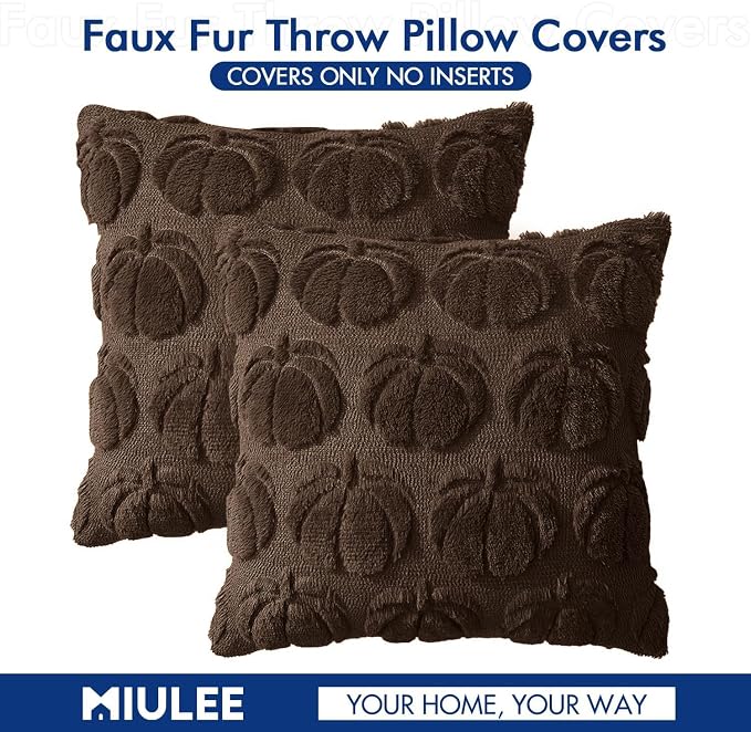 MIULEE Fall Pillow Covers Pumpkin Fall Decor 20x20 Reddish Brown | Set of 2 Fall Decorations for Home, Plush Faux Fur Farmhouse Accent Pillowcases, Porch Sofa Couch Cushion Bed Livingroom