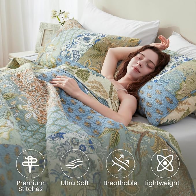 Quilt Set California King Size, 100% Cotton Patchwork Green Bohemian Quilt Sets, Reversible Bedspread Lightweight and Breathable for All Seasons, Soft Quilted Bedspread with 2 Pillow Shams