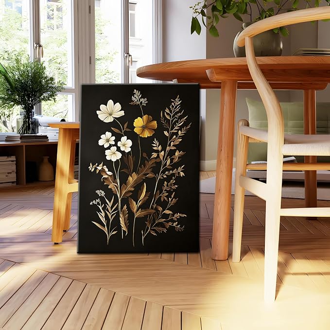 Vintage Black Flower Wall Art Decor Set of 3, Beautiful Wildflower Botanical Canvas Prints, Dark Academia Fall Floral Poster Painting Picture for Bedroom Living Room 16x24 Inch Framed