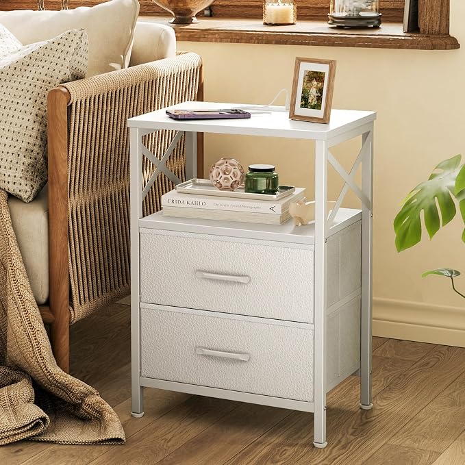 Huuger Nightstand Set of 2 with Charging Station, USB-C Port, End Tables | Night Stand with 2 Drawer Side Table with Open Shelf, Bedside Table for Small Spaces, X Shaped Side Rail, White