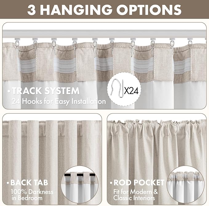 MIULEE 100% Blackout Linen Curtains for Bedroom 40W x 96L Cream 2 Panels | 96 inches Long, Thermal Insulated, Room Darkening, Black Out Drapes for Living Room, Back Tab Rod Pocket