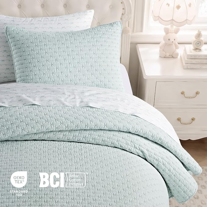 100% Cotton Cross Stitch Quilt Set, Twin, Seafoam Aqua | 100% Cotton, Elegant Cross Stitch, Soft & Breathable, Prewashed Softness, Oversized Design, OEKO-TEX® Certified