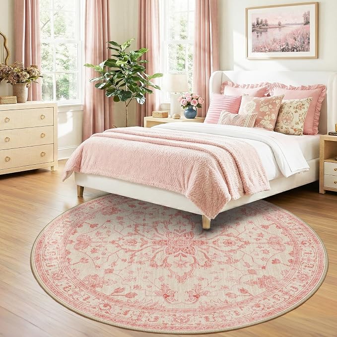 RELEANY Washable Area Rug, Round 8ft, Pink/Light Vintage Pink | Non-Slip, Water Repellent, Pet Friendly, Easy to Clean, Vintage Floral Boho Decor for Living Room Bedroom Dining Room