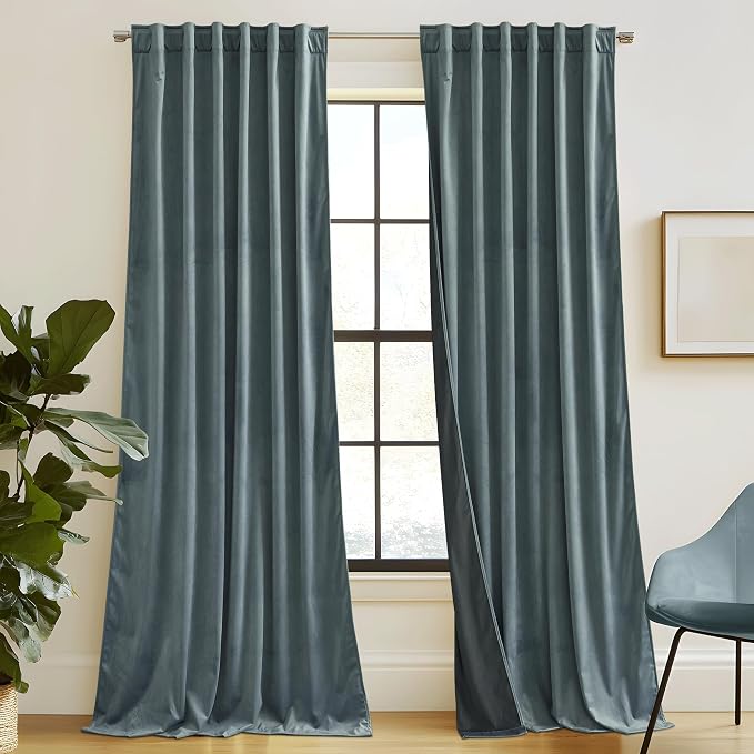 RYB HOME Velvet Curtains 102 inches Long, Extra Long High Ceiling Curtains | Thermal Insulated, Luxurious Home Decor, Curtains for Apartment Loft Large Windows, W52 x L102, Dusty Blue, 2 Panels Set