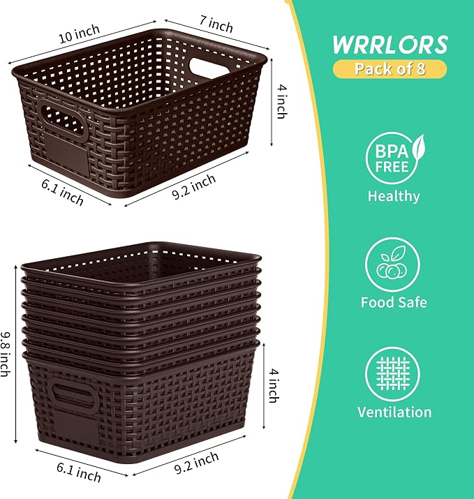 8 Pack Plastic Storage Baskets,Brown Stackable Bins with Lid | 5.3qt Storage Containers with Labels for Organizing Shelves Drawers Desktop Closet Playroom Classroom Office