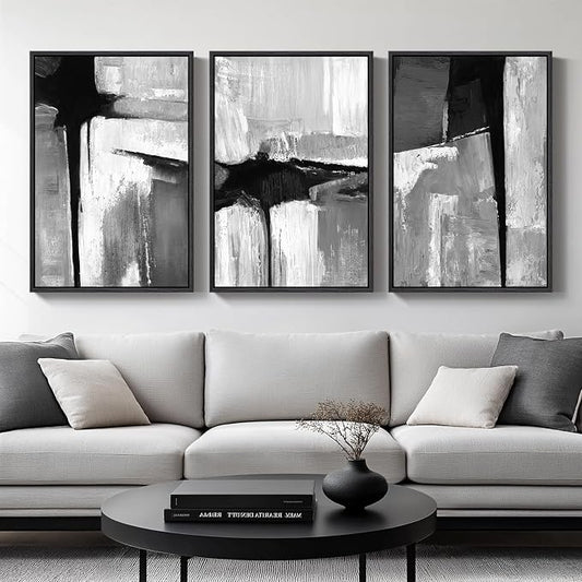 Large Framed Black and White Gray Abstract Wall Art Set, 3 Piece 24x36 Inch | Modern Minimalist Artwork, Gray Abstract Paintings, Neutral Pictures, Canvas Prints, Living Room Bedroom Office Wall Decor