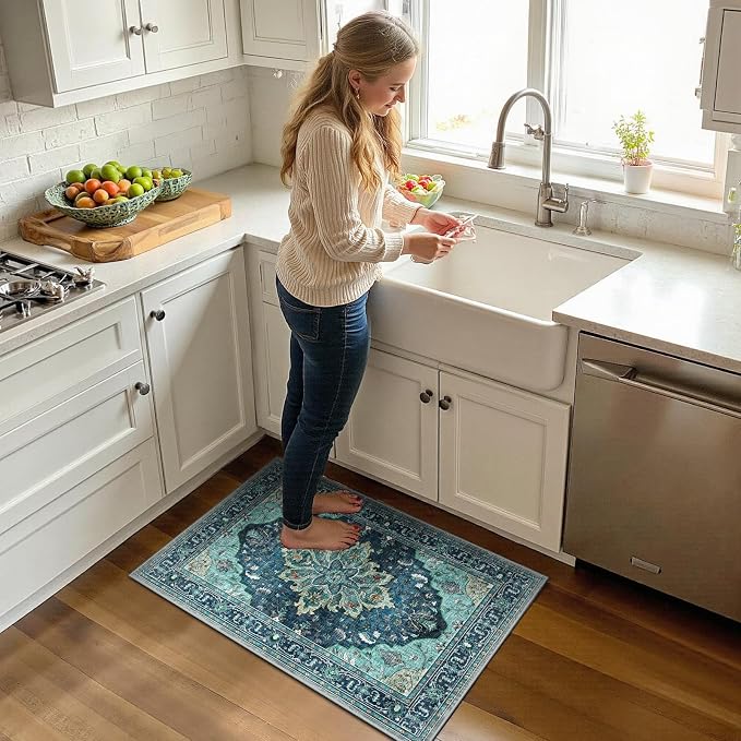 RELEANY Washable Area Rug, Small 2'x3', Teal | Non-Slip, Water Repellent, Pet Friendly, Easy to Clean, Vintage Floral Boho Decor for Kitchen Entryway Bathroom