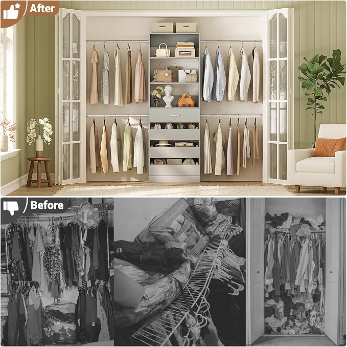Aheaplus Closet System, 4-9Ft Closet Organizer with 4 Wooden Drawers, Grey | Wood Closet Organizer System with Tower, Walk-in Closet Organizer Wardrobe Clothes Rack with 4 Hanging Rods, Garment Rack