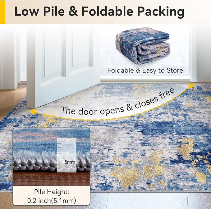 RELEANY Washable Runner 2'6"x8' Abstract Area Rug for Hallway Blue Gold | Carpet for Kitchen, Entryway, Bathroom, Living Room, Bedroom, Printed Pattern, Non‑Slip, Soft, Stain‑Resistant, Easy to Clean