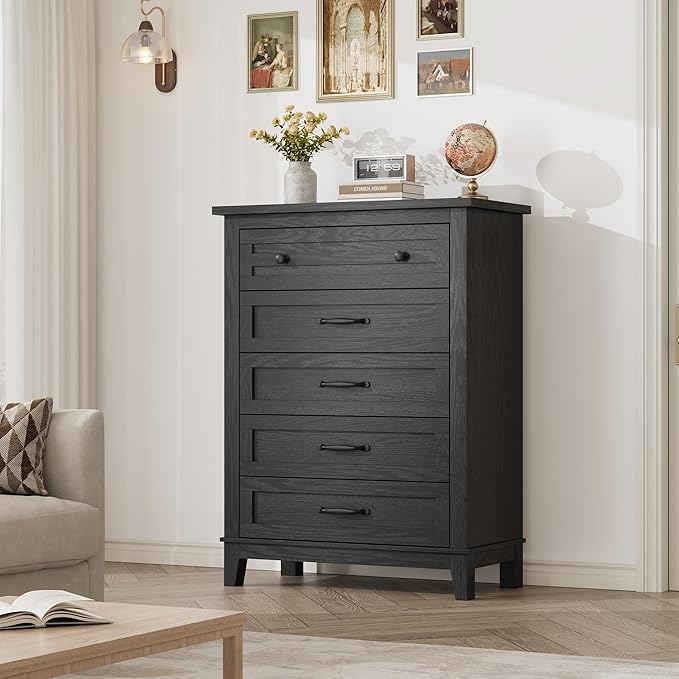 GarveeHome 5 Dresser for Bedroom, 41.3 in Tall Vertical Drawer Dresser with Large Storage, Freestanding Wooden Closet Chest for Bedroom, Living Room, Black
