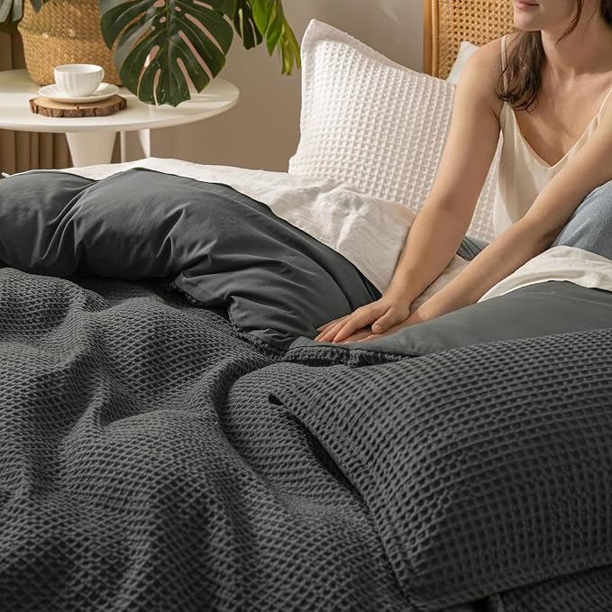 David's Home Soft Textured Waffle Weave Duvet Cover Set, Twin Size, Grey | Breathable Cozy for All Season, 300GSM, 2PCS Home Bedding Decor, OEKO-TEX Certified, Hidden Zipper, 6 Corner Ties, 68" X 90"