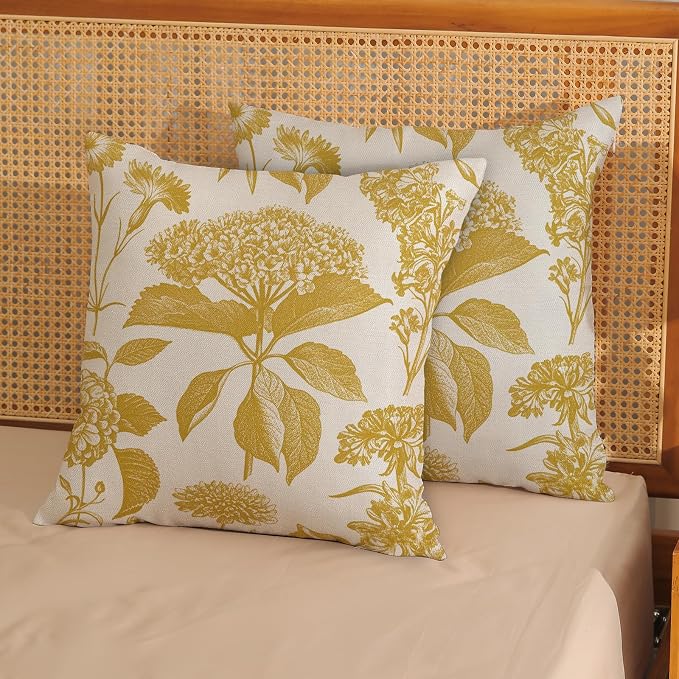 Mustard Yellow Pillow Covers 20x20 Inch 2 Pcs Boho Vintage Floral Decor Throw Pillows Hydrangea Flower Summer Outdoor Farmhouse Neutral Accent Decoration Pillowcase Linen Cushion Cover for Sofa