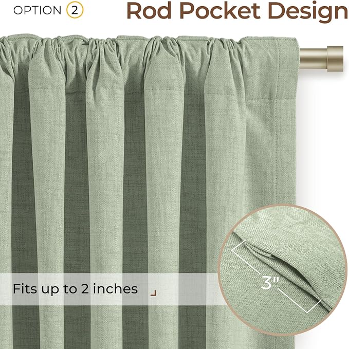 INOVADAY 100% Blackout Linen Curtains for Bedroom 50x84 Inches Sage Green | Linen Textured, Light Blocking, Room Darkening, Thermal Insulated, Back Tab Top, Window Curtains for Living Room, 2 Panels