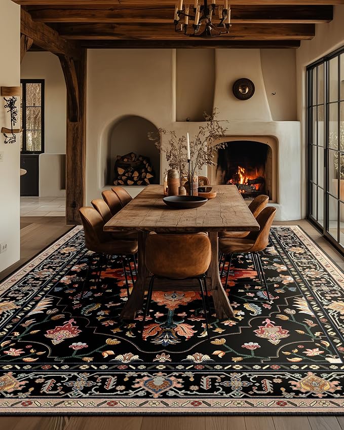 RELEANY Washable Area Rug, Large 10'x14', Black/Colorful | Non-Slip, Water Repellent, Pet Friendly, Easy to Clean, Vintage Floral Boho Decor for Living Room Bedroom Dining Room