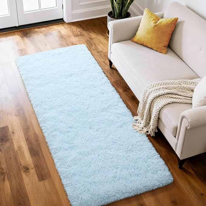 Soft Fluffy Rugs for Bedroom Living Room, 2x6 Hallway Runner Rugs, Furry Shag Bedside Area Rug Indoor Accent Floor Carpet, Plush Fuzzy Rug for Dorm Nursery Kids Room Decor, Baby Blue