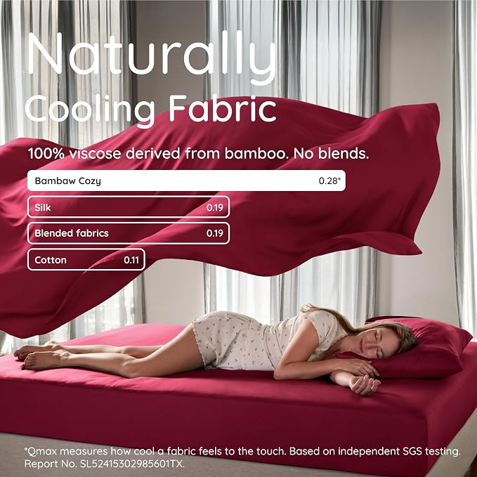 Bambaw 100% Viscose Derived from Bamboo Fitted Sheet Twin XL - Single Fitted Sheet Twin XL, Cooling, Soft & Breathable, Deep Pocket Fits Up to 15" Mattresses, Secure Fit with Elastic Straps (Burgundy)