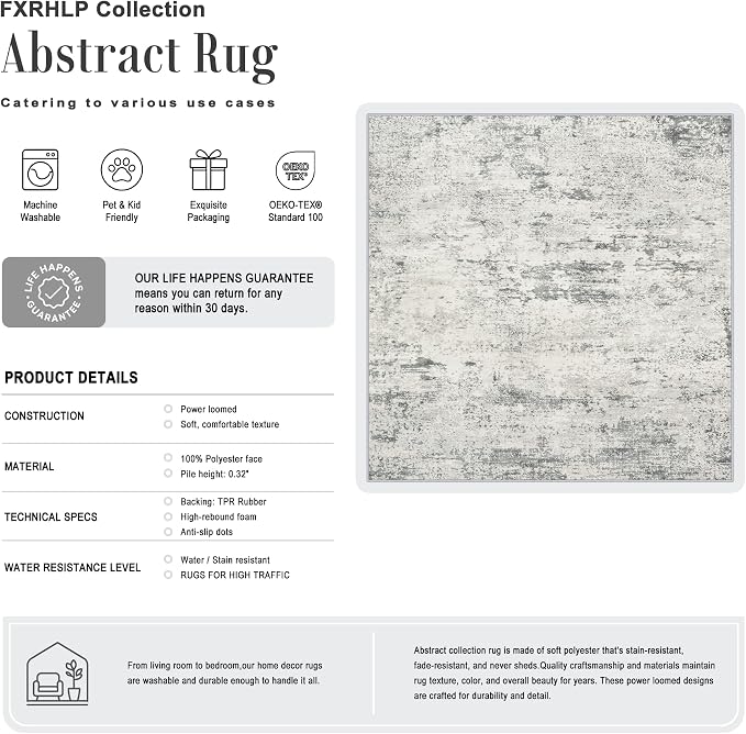 Area Rug Living Room: 4x4 Modern Washable Indoor Soft Carpet Gray | For Bedroom Dining Room Farmhouse Nursery Hallway Office,Modern Abstract,Machine washable,Non-Slip,Stain Resistant,Indoor