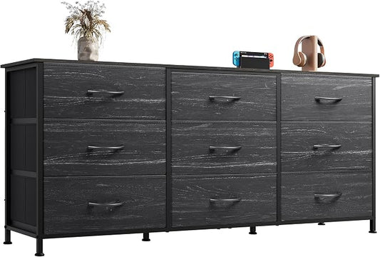 WLIVE Dresser TV Stand for 65 Inch TV, 9 Drawer Dresser, Black Wood Grain | Fits TVs up to 65 inch, 9 roomy fabric drawers, Wide wood tabletop, Living room or bedroom, Chest of drawers