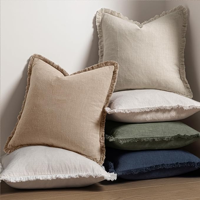 MIULEE Boho Linen Fringe Decorative Euro Throw Pillow Covers Camel 24x24 | Set of 2, Cottagecore Decor, Boho Farmhouse Neutral Pillow Covers, Rustic Couch Cushion Cases for Sofa Bed Living Room