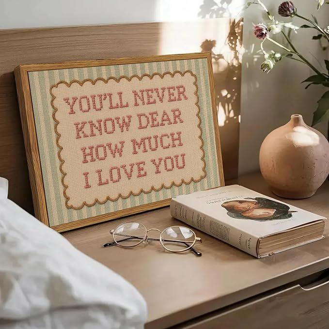 Framed You'll Never Know Dear How Much I Love You Wall Art, Vintage Nursery Pink Green Striped Pictures Wall Decor, Inspirational Quote Paintings Canvas Prints for Girl Bedroom Living Room 16x24 inch