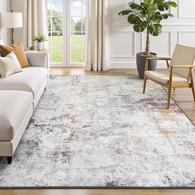 Rugflix 5x7 Area Rugs for Living Room, Washable Beige Grey Large Rug | Machine Washable; Stain-Resistant; Low Pile; Non-Slip; Modern Abstract; Carpet for Bedroom Dining Office Nursery Home