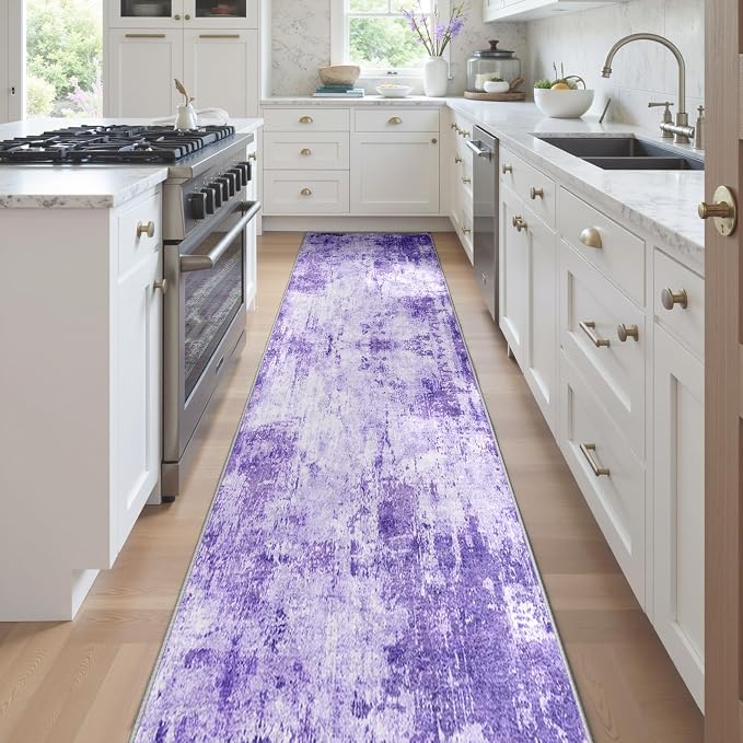 RELEANY Washable Runner 2'x8' Abstract Area Rug for Hallway Purple | Carpet for Kitchen, Entryway, Bathroom, Living Room, Bedroom, Printed Pattern, Non‑Slip, Soft, Stain‑Resistant, Easy to Clean