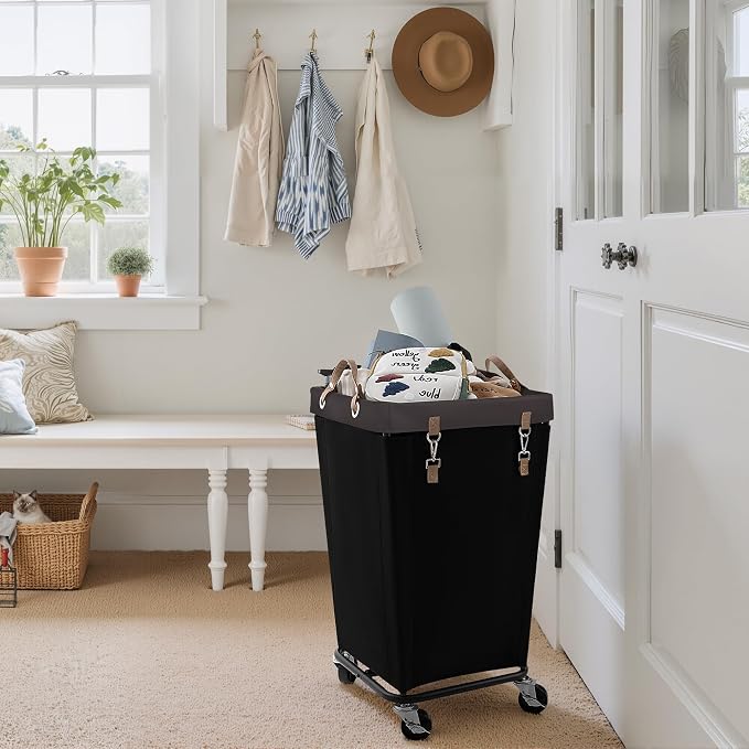 StorageWorks 110L Laundry Basket with Wheels, Rolling Hampers for Clothing | Black Laundry Basket with Wheels, Metal Frame & Handles, Rolling Hamper for Bedroom, Bathroom, Dorm, Hotel