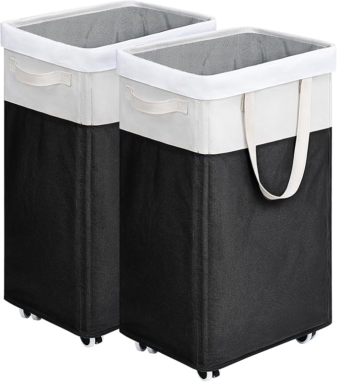 Goodpick 2-Pack Rolling Laundry Basket with Wash Bag, Hamper for Dorm, 75L | Laundry Hamper with Wheels & Handles for Dirty Clothes, Clothes Hamper, Dorm Room Essentials, Black & White