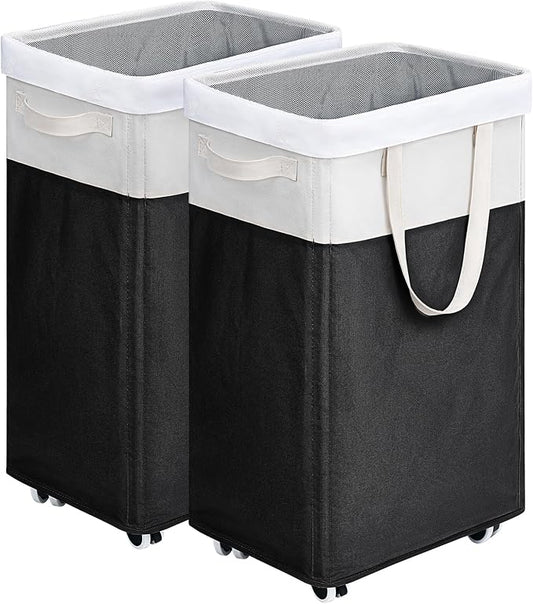 Goodpick 2-Pack Rolling Laundry Basket with Wash Bag, Hamper for Dorm, 75L | Laundry Hamper with Wheels & Handles for Dirty Clothes, Clothes Hamper, Dorm Room Essentials, Black & White