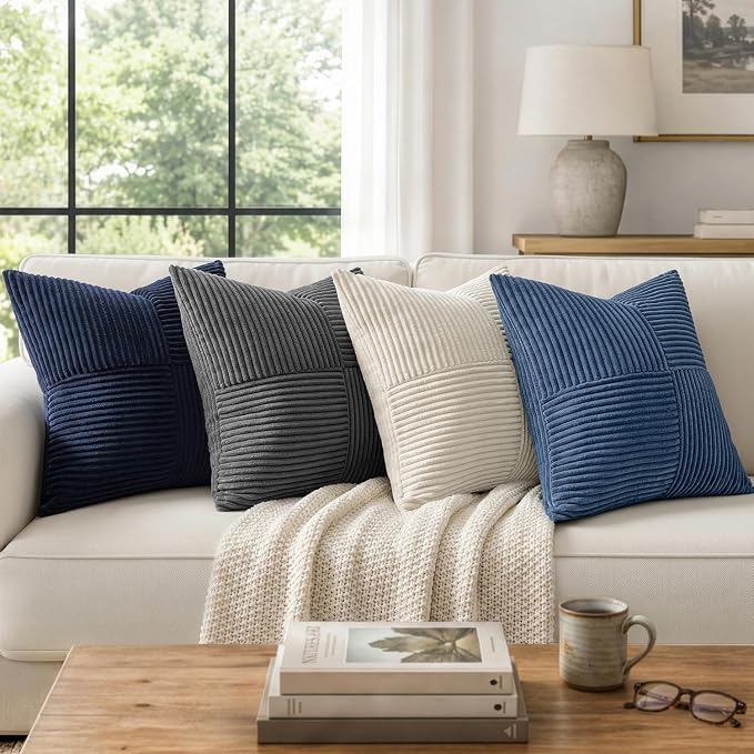 MIULEE Dusty Blue Decorative Euro Sham Pillow Covers 24x24 Inch 2 Pack | Coastal Boho Farmhouse Pillow Covers, Soft Cross Corduroy Patchwork Textured Cushion Cases For Couch Bed Sofa