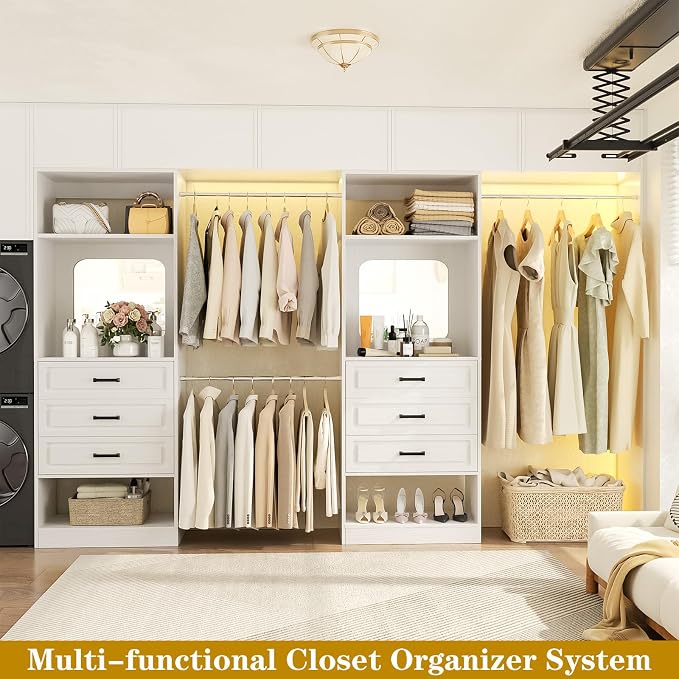 Unikito 6-14FT Wood Closet System with 6 Drawers and Mirror, White | Sturdy walk-in organizer wardrobe for clothing, clothes rack with 3 hanging rods, freestanding garment storage tower.