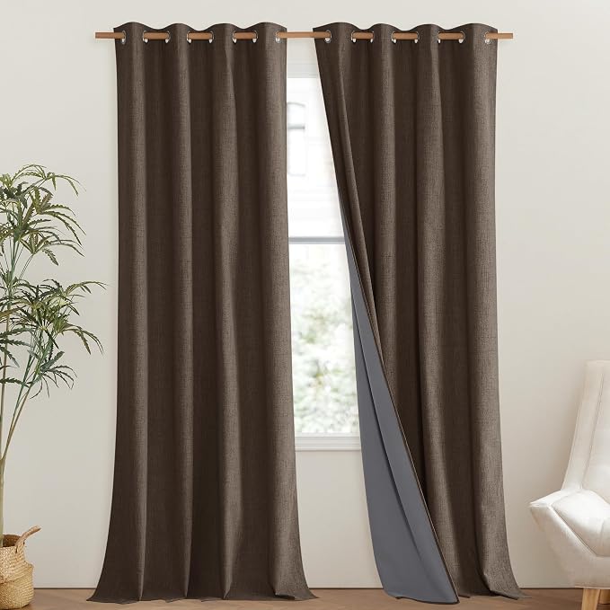 NICETOWN Coffee Vintage Linen 100% Blackout Curtains for Living Room, Thermal Insulated Curtains 95" Long, Noise Reducing Window Treatment Drapes for Bedroom, 52" Wide Per Panel, Set of 2