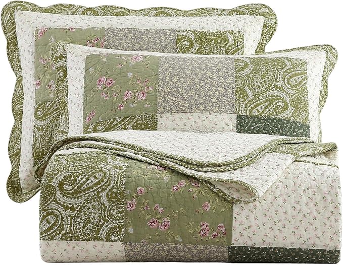 vctops Farmhouse Green 3 Piece Patchwork Quilted Set Floral Embroidery Cotton Bedding Set Lightweight Reversible Bedspread Coverlet 1 Quilt + 2 Pillow Shams (Green Floral,91"x98")