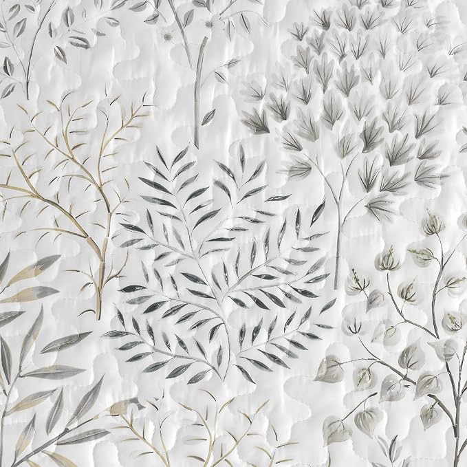 WONGS BEDDING Floral Quilt Set King Size, 3 Pcs White Bedspread Coverlet | Botanical Print Quilt Set for Spring Summer, Lightweight Microfiber Farmhouse Quilted Bed Cover for Guest Room 110"×90"