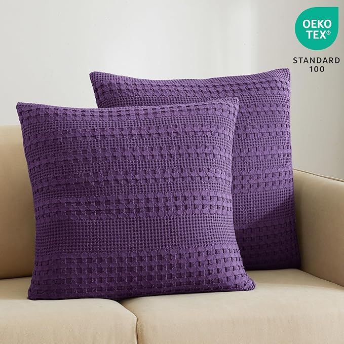 PHF 100% Cotton Waffle Weave Euro Sham Covers, 2 Pack 26" x 26" Bed Pillow Covers for Elegant Home Decor, No Filling, Luxury Aesthetic Soft Euro Pillow Cases for Bed, Grape