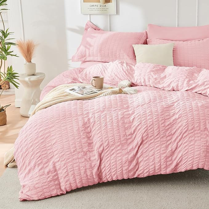 HYMOKEGE Pink Oversized King Comforter Set Seersucker 7 Pieces, All Season Luxury Bed in a Bag for Bedroom, Bedding Set with Comforter, Sheets, Pillowcases & Shams