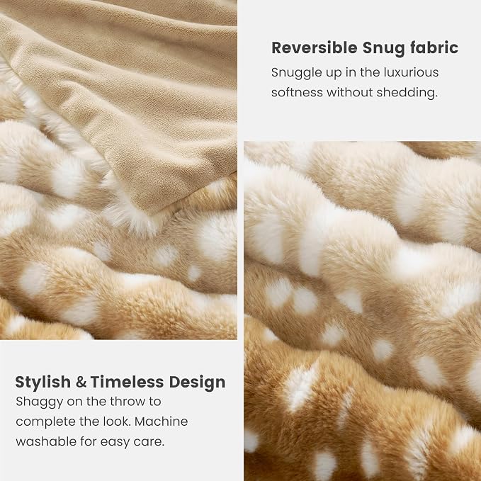 Cozy Bliss Deer Print Faux Fur Throw for Couch, Fuzzy Soft Plush Thick Bubble Blanket for Sofa Bedroom Living Room, 60x80 Inches