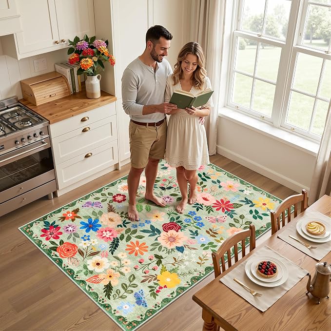 PLHXFR Area Rug Living Room: 3x5 Floral Washable Boho Soft Carpet Green | For Bedroom Dining Room Farmhouse Nursery Hallway,Vintage Floral,Machine washable,Non Slip,Stain Resistant,Large Indoor