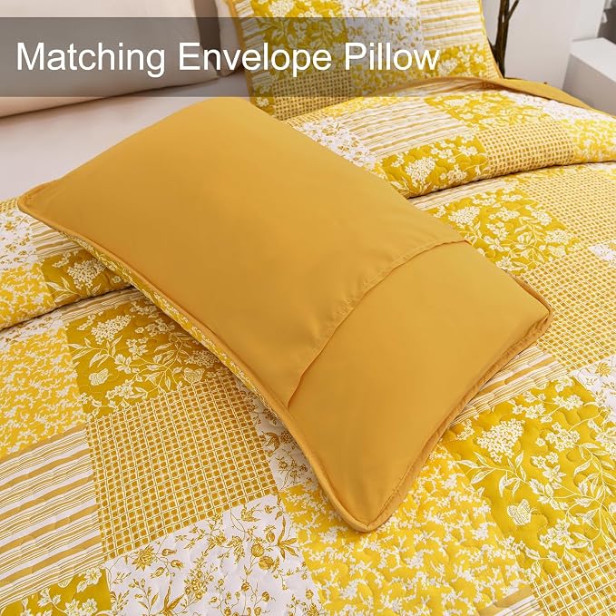 Mybedsoul Yellow Boho Quilt Set Full Size, Patchwork Quilt Bedding Set | 3 Pieces Plaid Floral Bedspread Coverlet Set for All Seasons, Soft Lightweight Patchwork Reversible Bedding Set 78"×90"