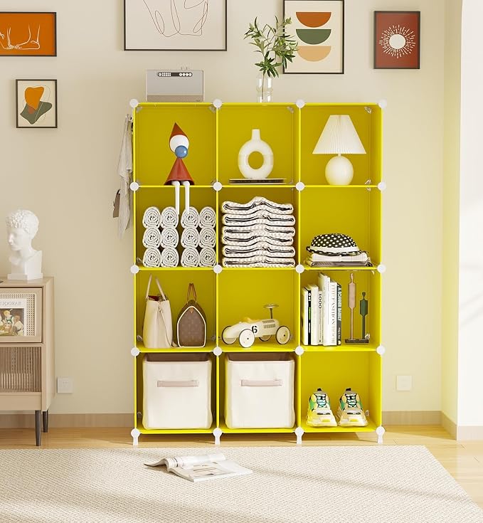 AWTATOS Cube Storage Organizer Closet Organizers 12 Cube Storage Shelves | Protable Closet for Kids DIY Stackable Cube Shelves Bookshelf Clothes Organizer for Bedroom, Home, Yellow
