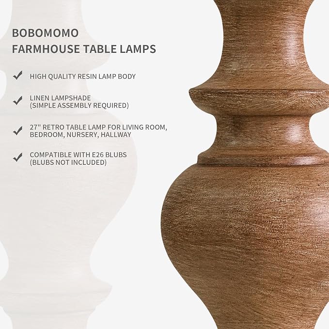 BOBOMOMO 27" Light Brown Table Lamps Set of 2, Large Farmhouse Resin Lamps with Linen Shades, Rustic Vintage Lamps for Living Room, Bedroom, Console Table or Entryway Home Lighting