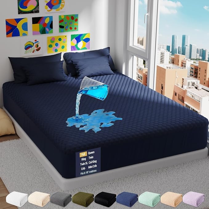 OhGeni 100% Waterproof Mattress Protector, Full Size Mattress Pad, Fits 6"-20" Mattresses with Deep Pocket, Cooling, Breathable Fitted Sheets, Washable Bed Cover Over 99 Count Hex Bumps,Navy Blue