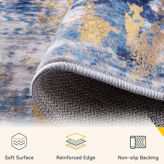 RELEANY Washable Runner 3'x8' Abstract Area Rug for Hallway Blue Gold | Carpet for Kitchen, Entryway, Bathroom, Living Room, Bedroom, Printed Pattern, Non‑Slip, Soft, Stain‑Resistant, Easy to Clean