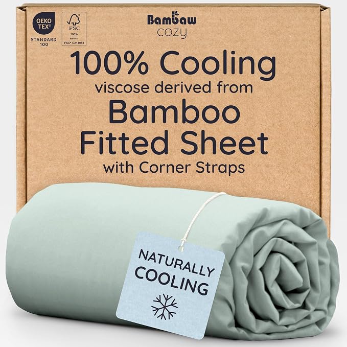 Bambaw 100% Viscose Derived from Bamboo Twin XL Fitted Sheet – Single Fitted Sheet with Straps, Cooling, Smooth & Breathable, Moisture Wicking Comfort, Stays Secure with Elastic Corners (Sea Glass)