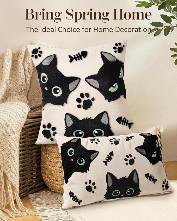 Embroidered Throw Pillow Cover 20x20 Inch, Cat Bone | Decorative Pillow Cover, Whimsical Cushion Case with Hidden Zipper, Cottagecore Decor for Couch, Sofa, Living Room, Bedroom